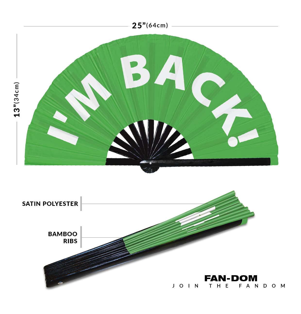 I'm Back! hand fan foldable bamboo circuit hand fan funny gag slang words expressions statement gifts Festival accessories Rave handheld Circuit event fan Clack fans (Green)