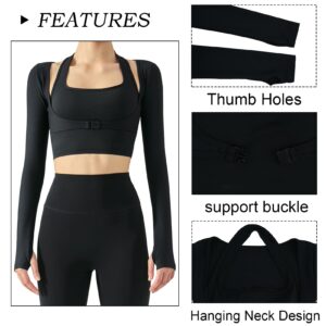 SEAUR Womens Yoga Crop Top Slim Fit Workout Top Cropped Long Sleeve Gym Top Stretch Cutout Yoga Sports Tee Long Sleeve Crop Top T Shirts XL Black