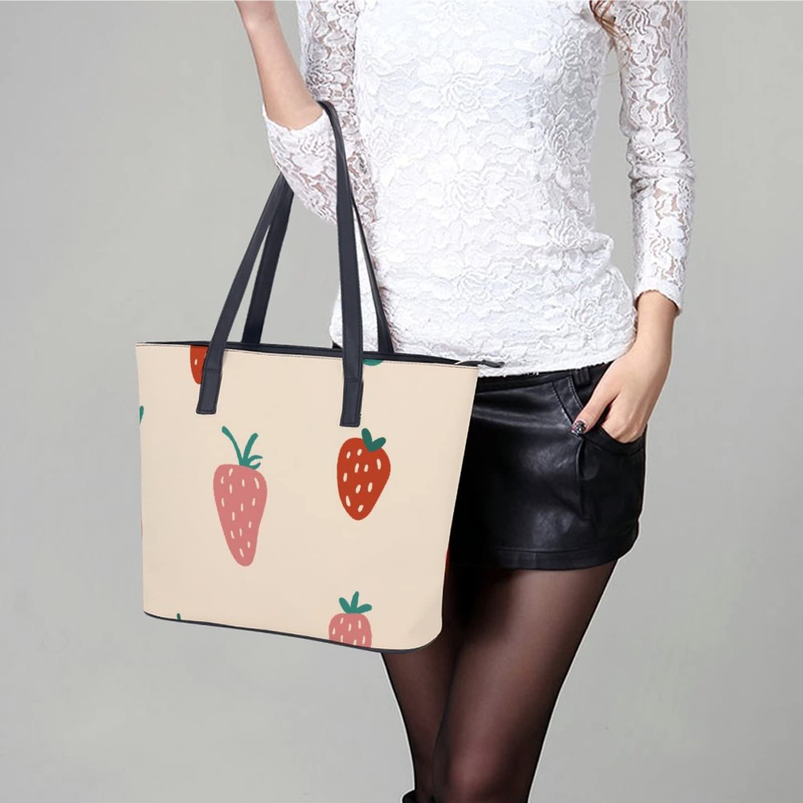 Womens Handbag Strawberry Fruit Berry Pattern Leather Tote Bag Top Handle Satchel Bags For Lady