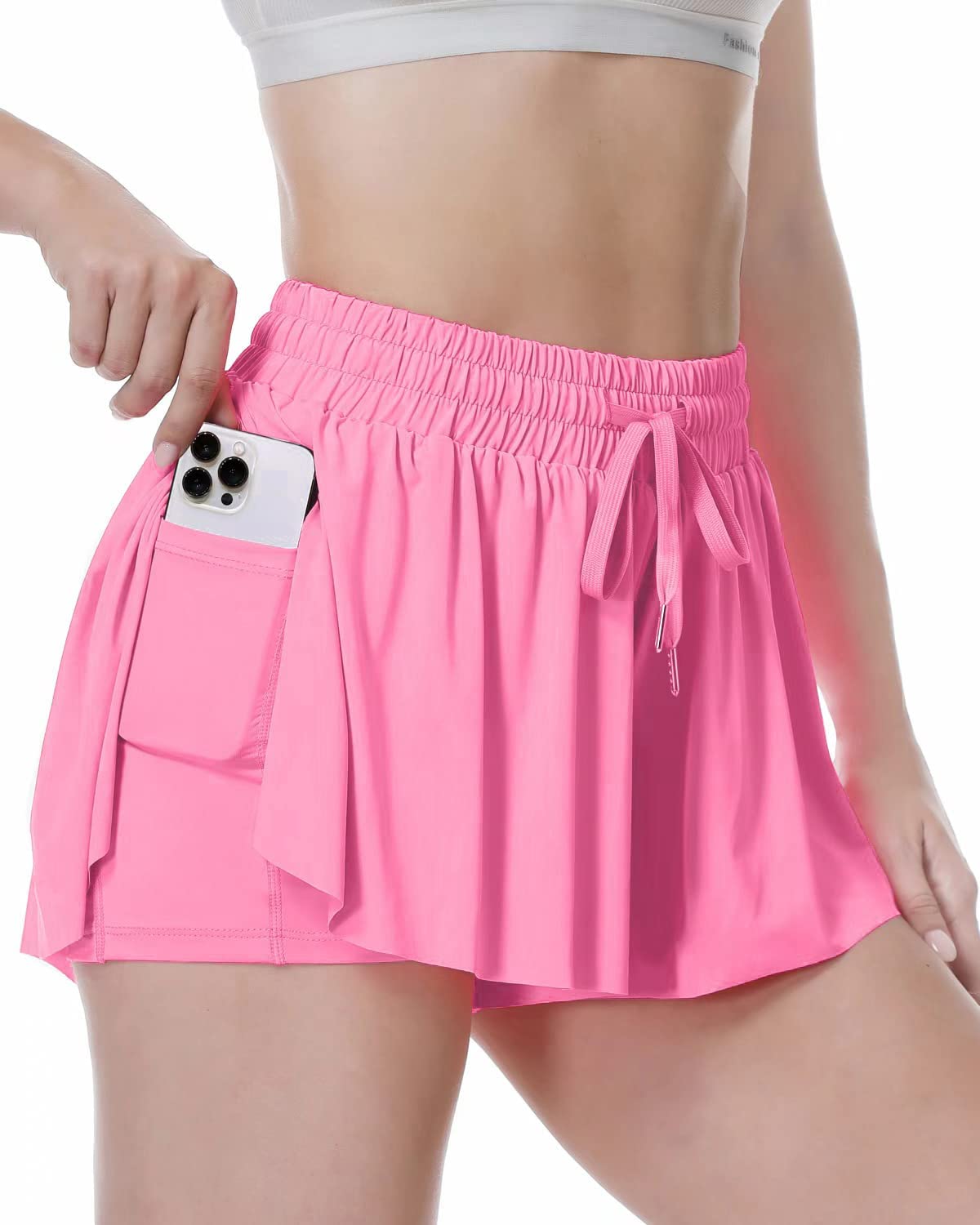 Flowy Shorts, 2 in 1 Butterfly Shorts High Waisted Athletic Shorts for Women Workout Biker Running Yoga Gym Tennis. Pink