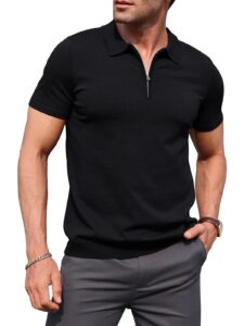 rqp mens zipper polo shirts knit wrinkle free casual shirts short/long sleeve,stretch fit golf shirts,soft pullove，black xl