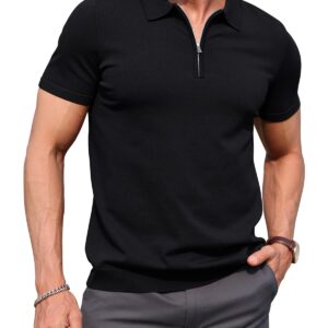 RQP Mens Zipper Polo Shirts Knit Wrinkle Free Casual Shirts Short/Long Sleeve,Stretch Fit Golf Shirts,Soft pullove，Black XL