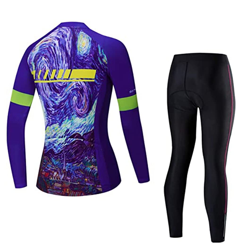 Women's Cycling Jersey Set Long Sleeve Bike Clothing Reflective+5D Padded Long Pants Autumn Winter Purple