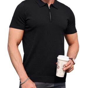 RQP Mens Zipper Polo Shirts Knit Wrinkle Free Casual Shirts Short/Long Sleeve,Stretch Fit Golf Shirts,Soft pullove，Black XL