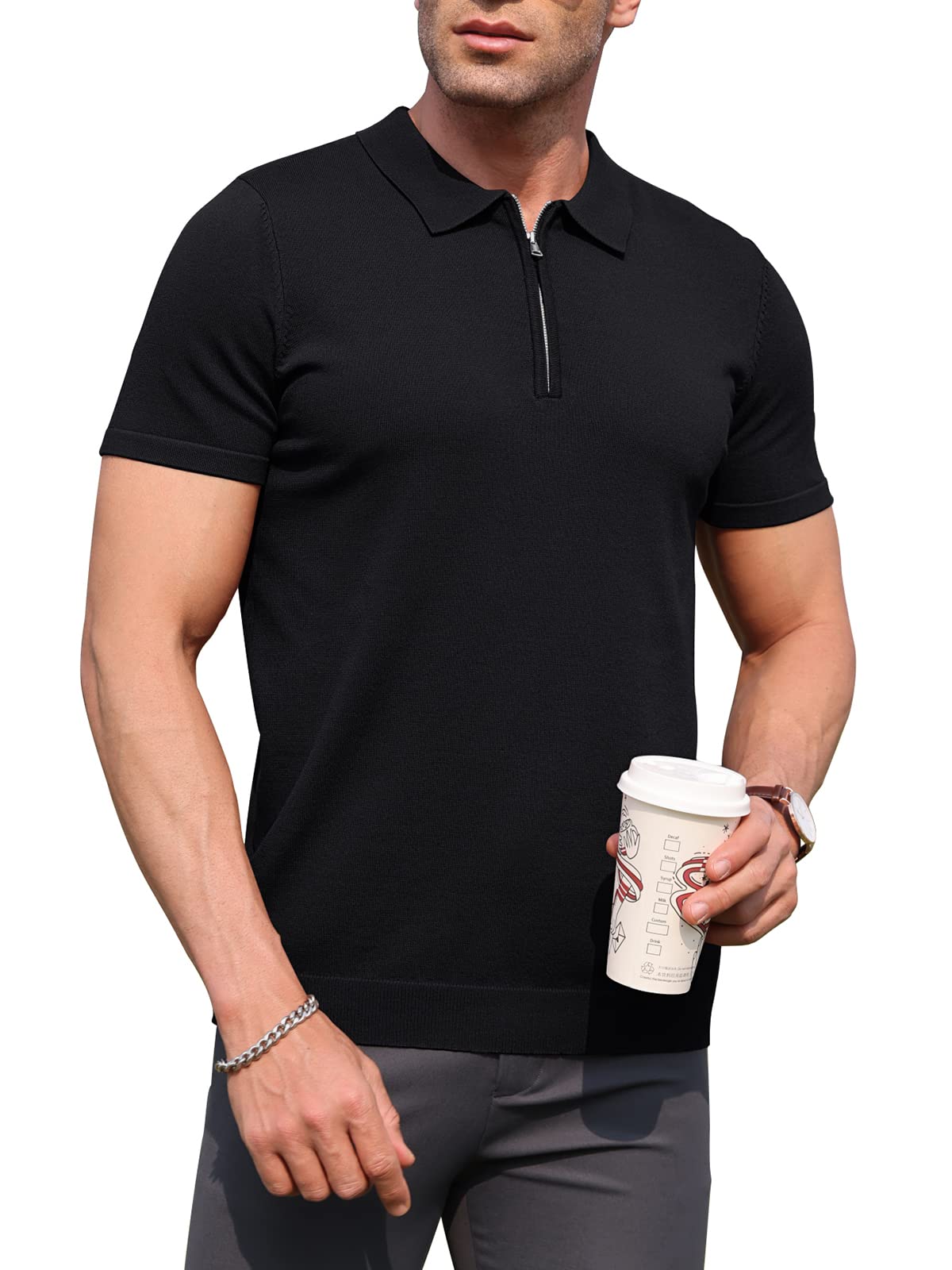 RQP Mens Zipper Polo Shirts Knit Wrinkle Free Casual Shirts Short/Long Sleeve,Stretch Fit Golf Shirts,Soft pullove，Black XL