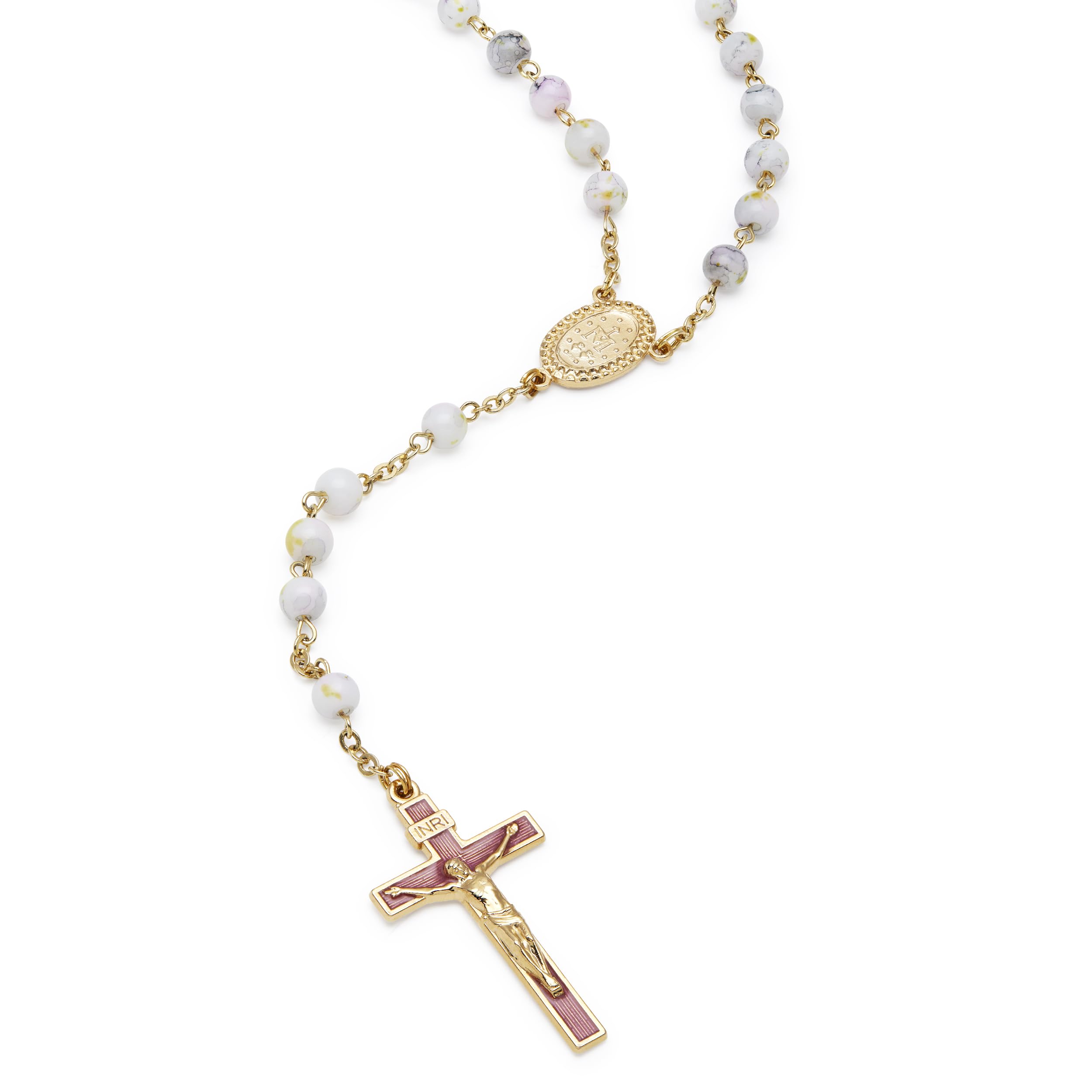 Mondo Cattolico Rosary Beads catholic for Women and Men Blessed During Pope's Angelus, Miraculous Virgin Pink Rosary with Variegated Glass on a Gold Plated Brass Chain - Perfect Catholic gifts