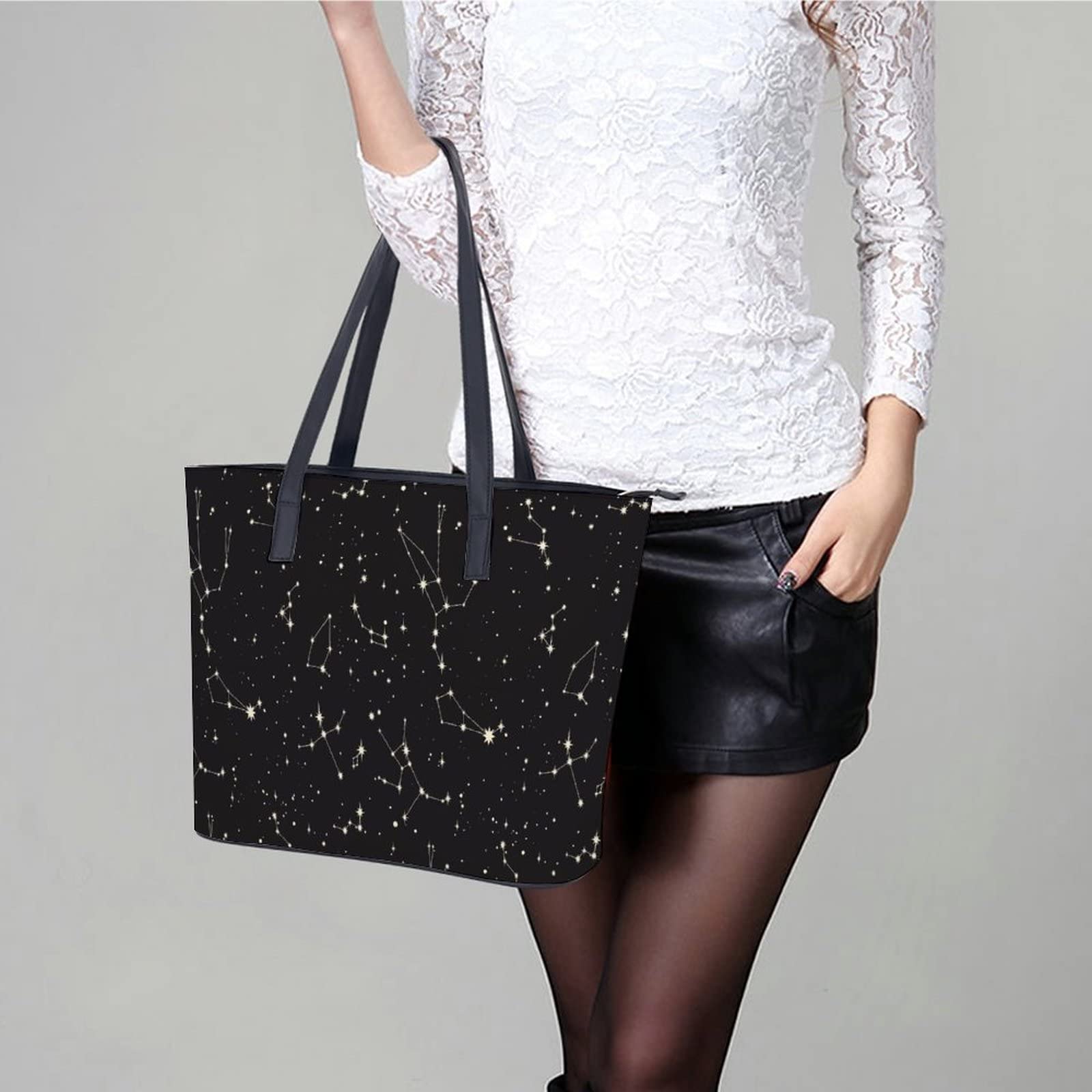 Womens Handbag Constellation Stars Pattern Leather Tote Bag Top Handle Satchel Bags For Lady