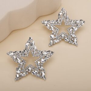 Denifery Fashion Star Stud Earrings Full Crystal Rhinestone Star Dangle Drop Earrings Bling Sparkly Earrings for Party Wedding for Women (Silver)