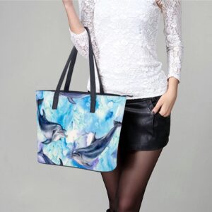 Womens Handbag Dolphins Blue Leather Tote Bag Top Handle Satchel Bags For Lady