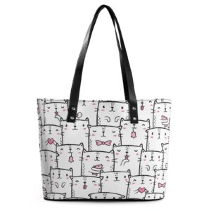 womens handbag cats doodles pattern leather tote bag top handle satchel bags for lady