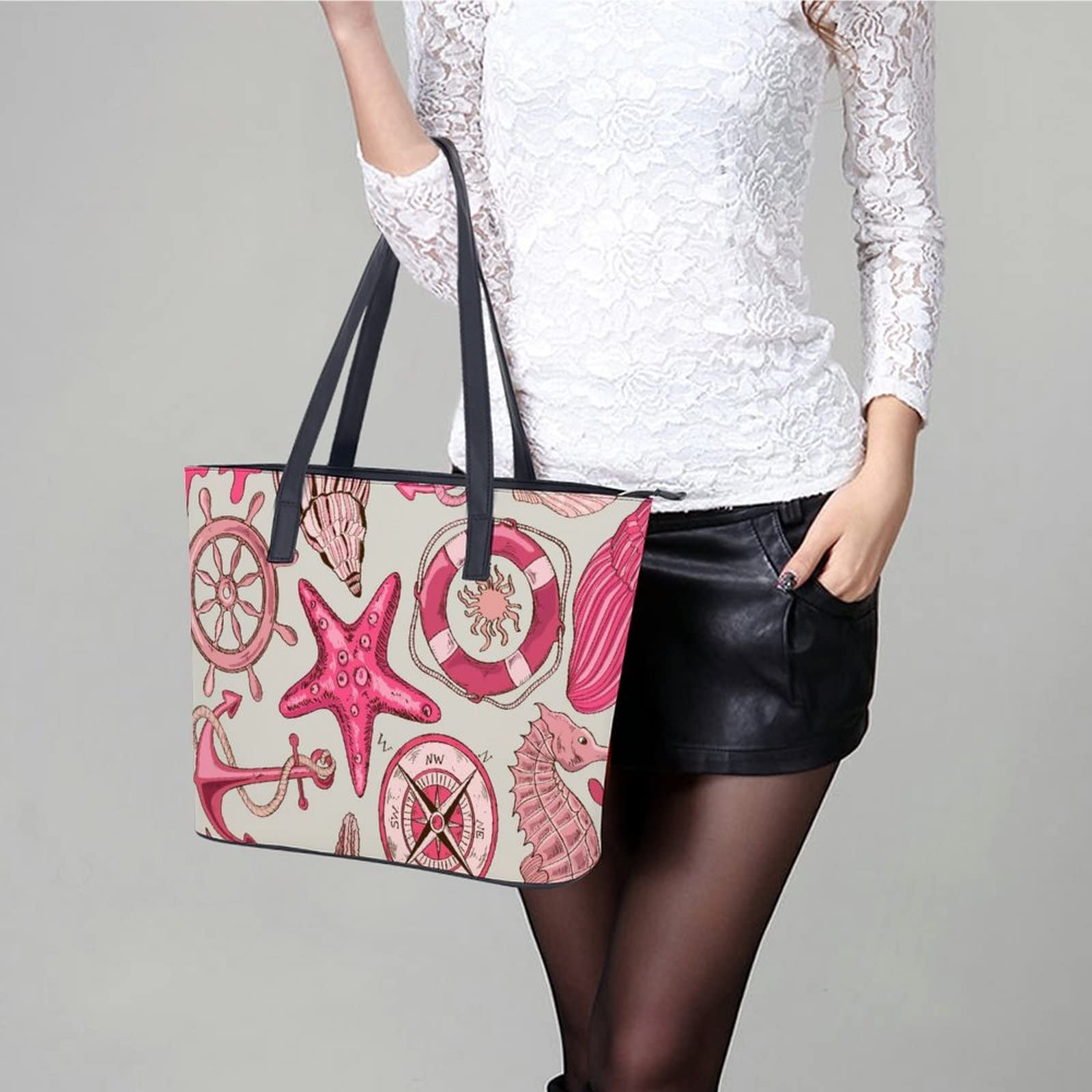 Womens Handbag Sea Wheel Anchor Starfish Pattern Leather Tote Bag Top Handle Satchel Bags For Lady