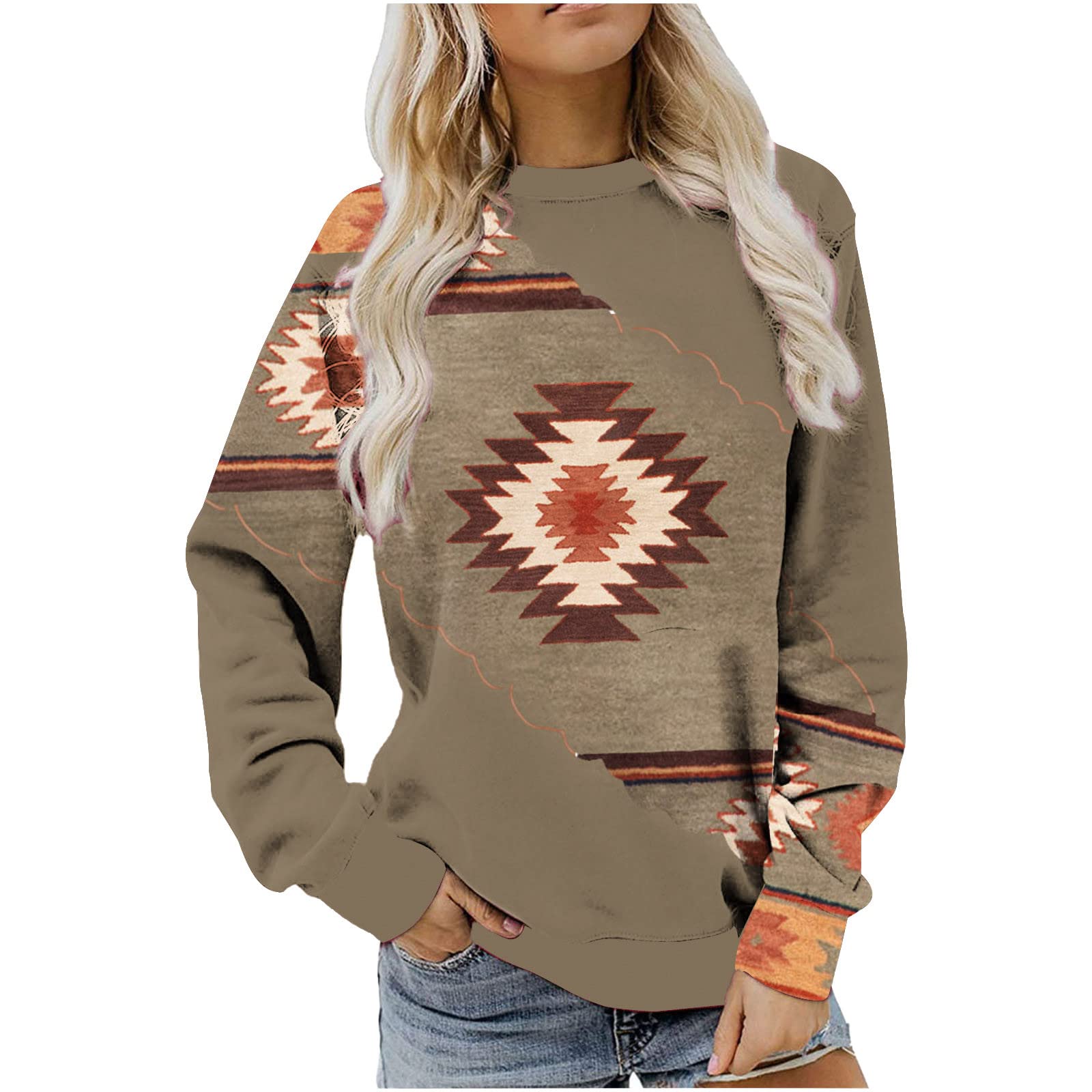 Womens Aztec Print Sweatshirts, Aztec Sweatshirt for Women, Long Sleeve Crewneck Retro Western Ethnic Pullover Tops Ladies Loose Fit Geometric Printed Casual Blouse Shirts