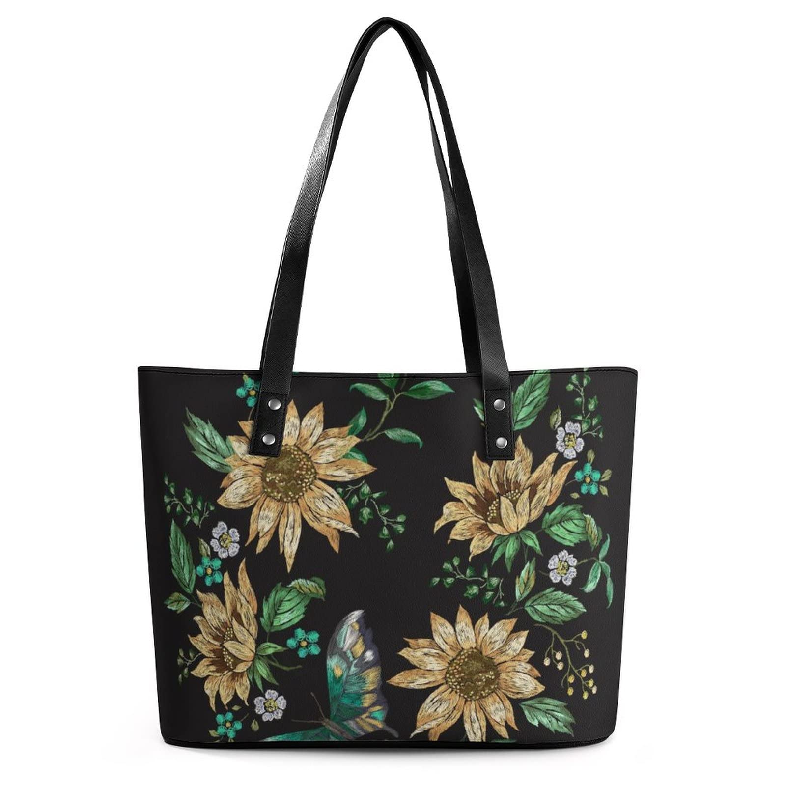 Womens Handbag Sunflowers Amd Butterfly Leather Tote Bag Top Handle Satchel Bags For Lady