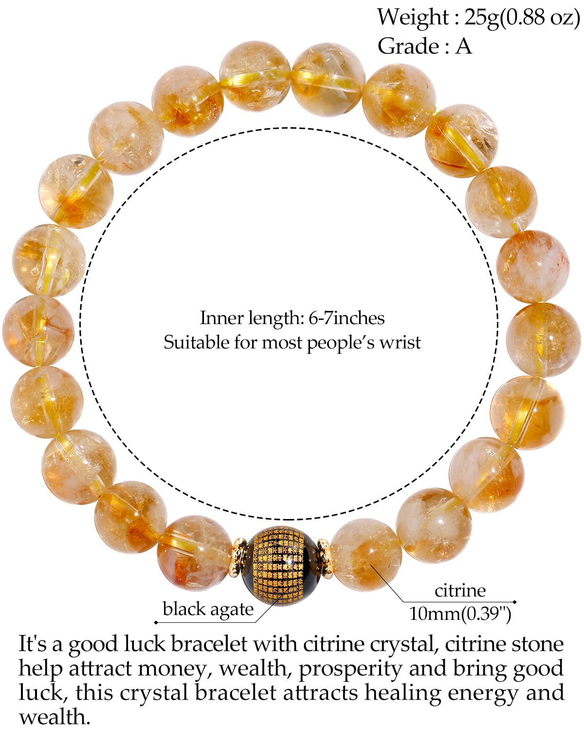 Jewever Geniune Natural Quartz Beaded Bracelet for Women Agate Sutra Beads Amulet Bracelet Stretch Healing Crystals and Gemstones Gifts for Jewelry (Citrine)