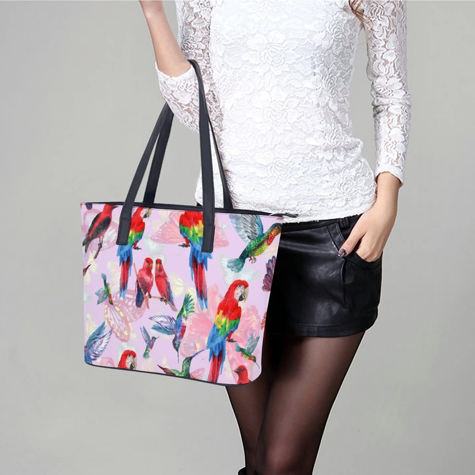 Womens Handbag Hummingbird Parrots Leather Tote Bag Top Handle Satchel Bags For Lady