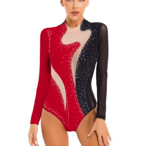 Aislor Women's Rhinestone Figure Skating Costume Sheer Mesh Long Sleeve Ballet Dance Gymnastics Leotard Black&Red Medium