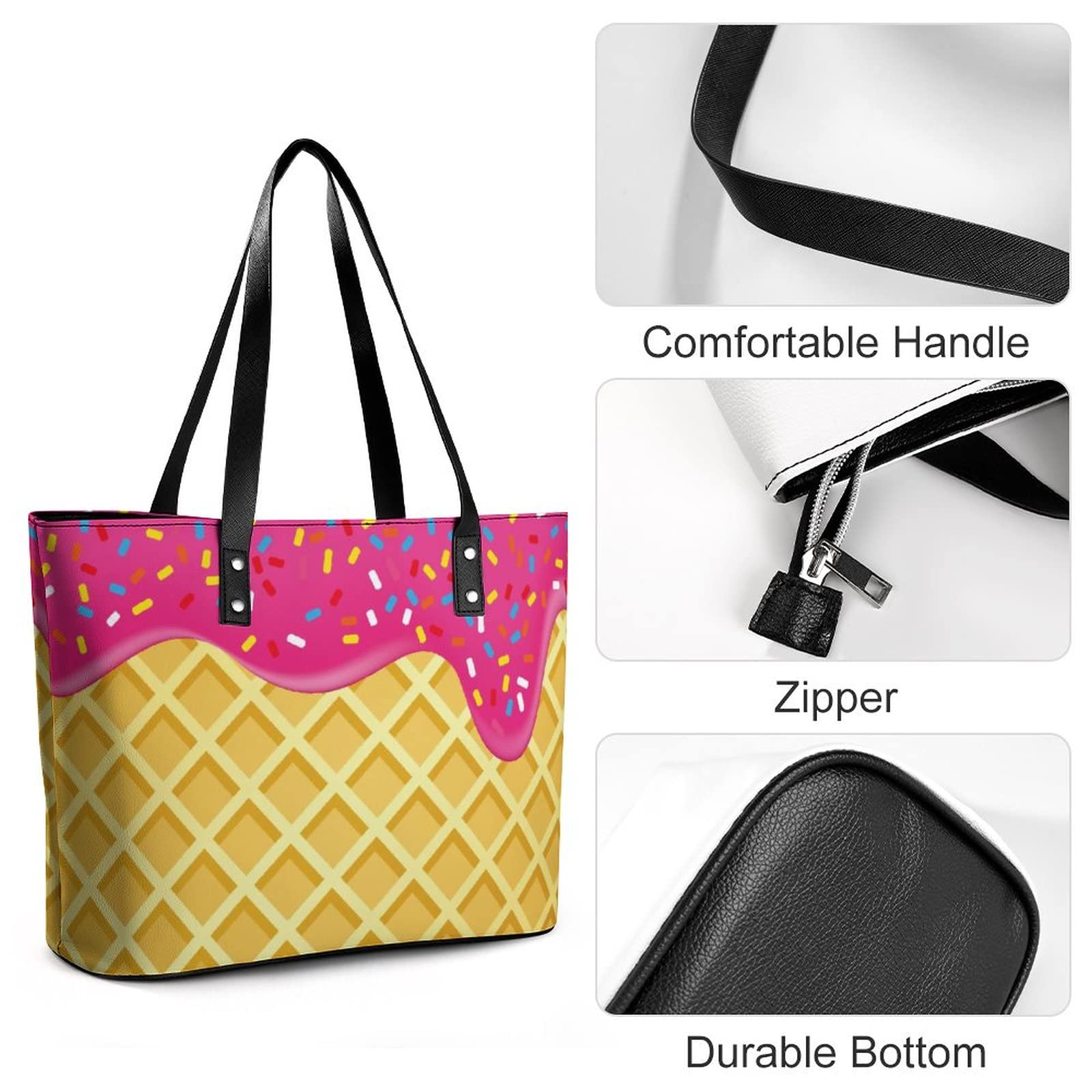 Womens Handbag Strawberry Ice Cream Print Leather Tote Bag Top Handle Satchel Bags For Lady