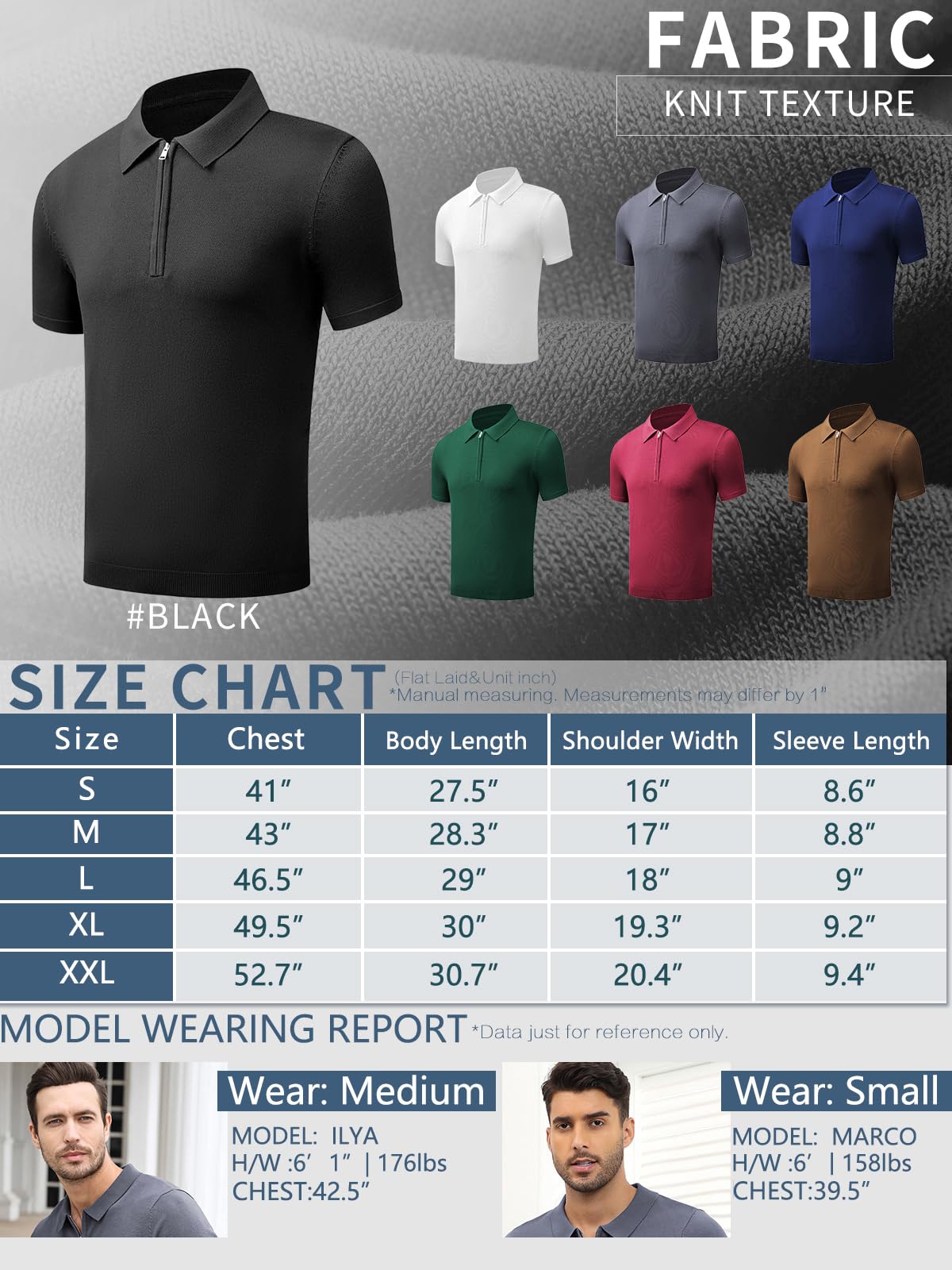 RQP Mens Zipper Polo Shirts Knit Wrinkle Free Casual Shirts Short/Long Sleeve,Stretch Fit Golf Shirts,Soft pullove，Black XL