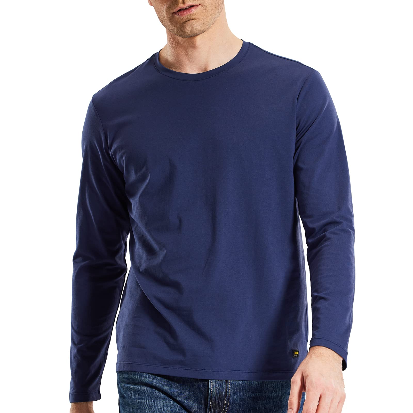 MIER Men Long Sleeve Soft Shirts Stretch Cotton T Shirt Crew Neck Classic Work Casual Tees Shirt, Dark Blue, Medium