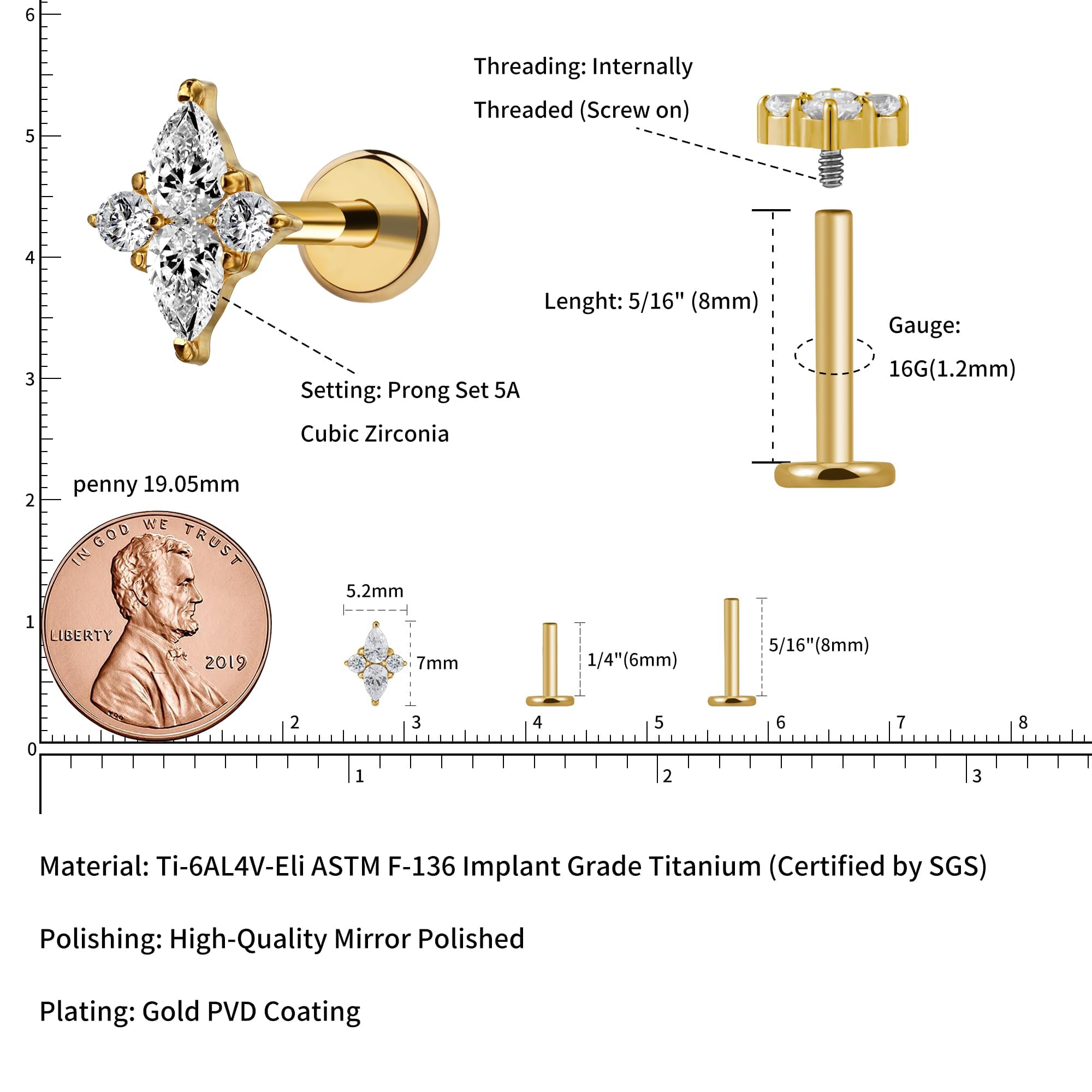 FINE4U Gold Cartilage Earring Piercing Jewelry for Tragus Conch Helix 16G 6mm 8mm - ASTM F136 Titanium Four-Pointed Flat Back Stud, Hypoallergenic Body Jewelry