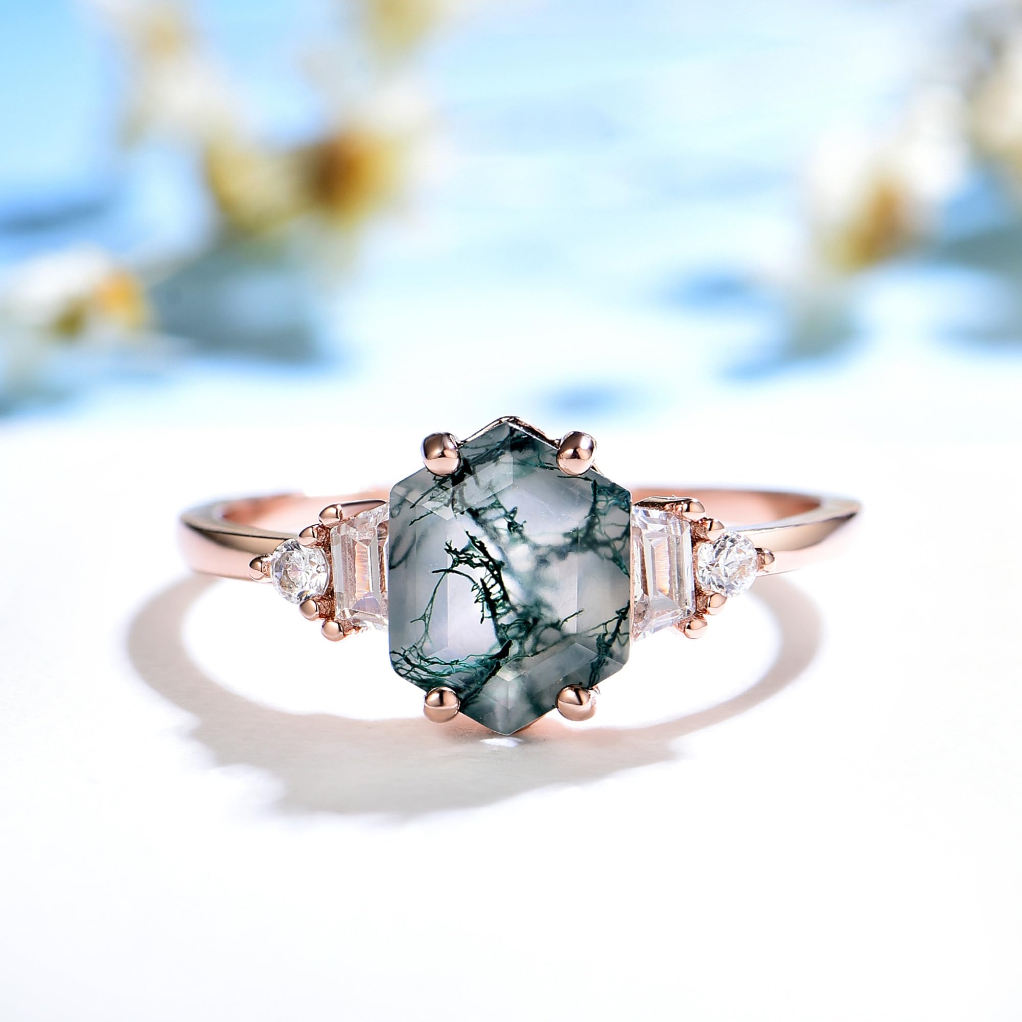 ITI KUOLOLIT Hexagon Natural Moss Agate Gemstone Rings for Women Solid 925 Sterling Silver Ring for Wedding Engagement Jewelry (Moss Agate-White, 6)