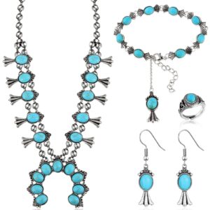 Henoyso 4 Pcs Turquoise Squash Blossom Jewelry Set for Women Cowgirl Vintage Western Necklace Earrings Wrist Chain Ring(Modern Style,Blue Turquoise)