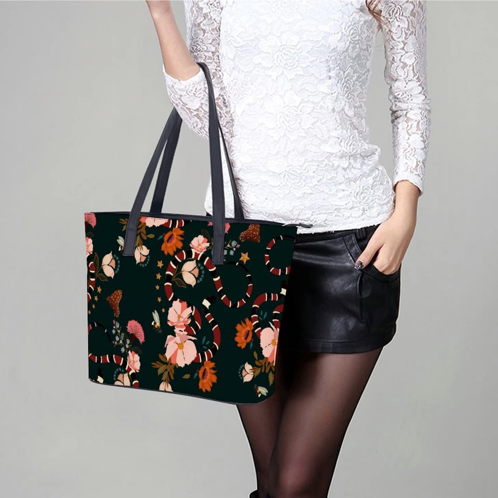 Womens Handbag Flowers Butterfly Bees Rose Bloom Leather Tote Bag Top Handle Satchel Bags For Lady