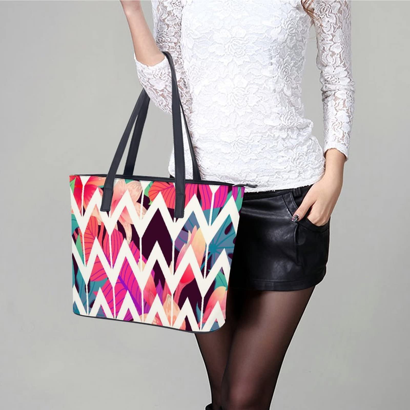 Womens Handbag Colorful Leaves Stripes Leather Tote Bag Top Handle Satchel Bags For Lady