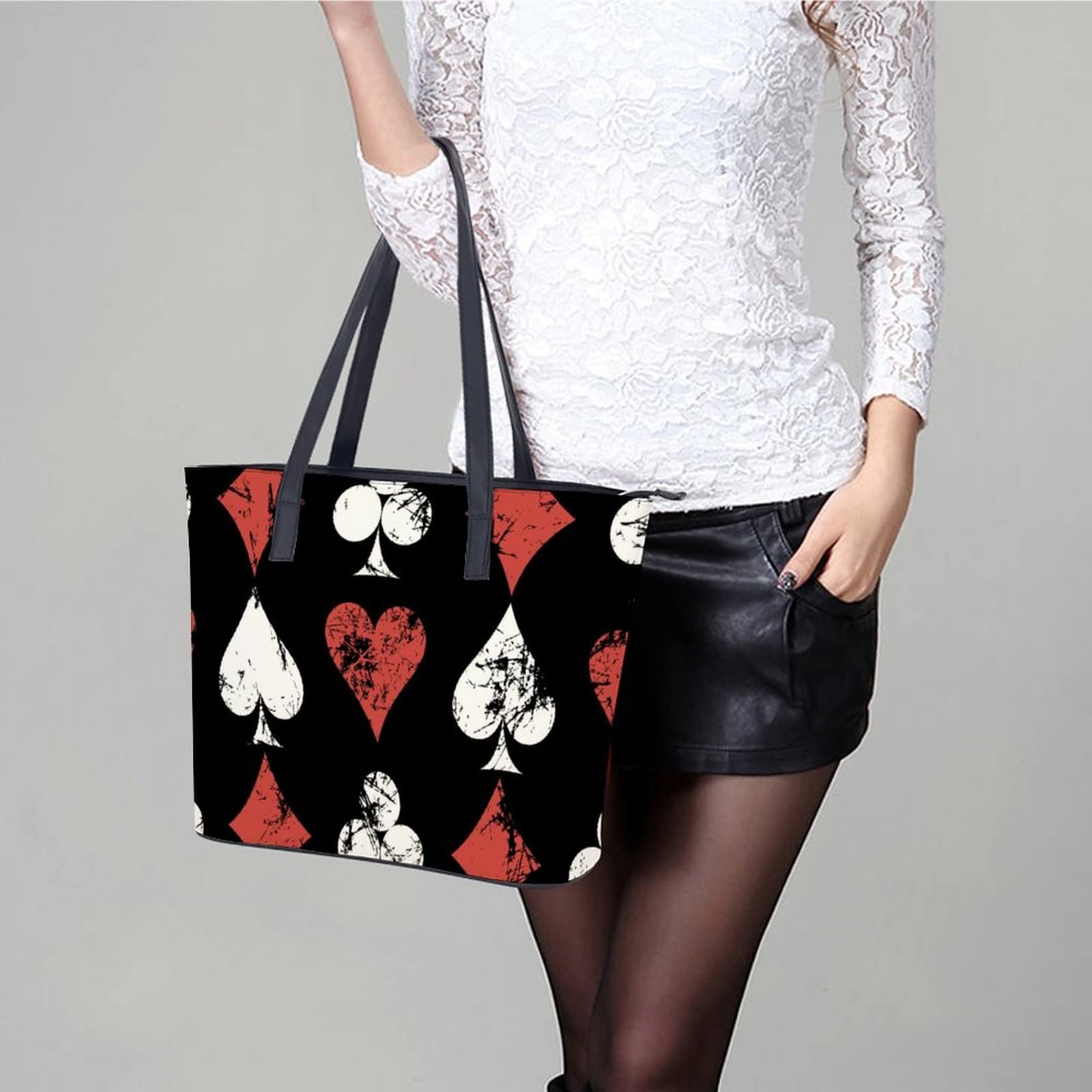 Womens Handbag Poker Cards Heart Pattern Leather Tote Bag Top Handle Satchel Bags For Lady