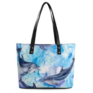 Womens Handbag Dolphins Blue Leather Tote Bag Top Handle Satchel Bags For Lady