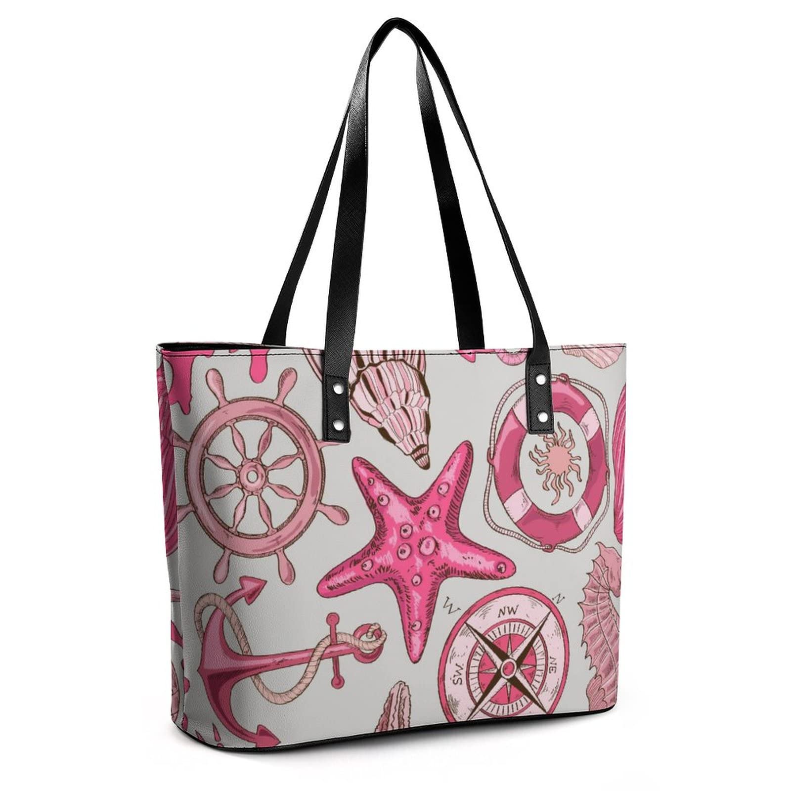 Womens Handbag Sea Wheel Anchor Starfish Pattern Leather Tote Bag Top Handle Satchel Bags For Lady