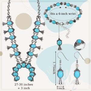 Henoyso 4 Pcs Turquoise Squash Blossom Jewelry Set for Women Cowgirl Vintage Western Necklace Earrings Wrist Chain Ring(Modern Style,Blue Turquoise)