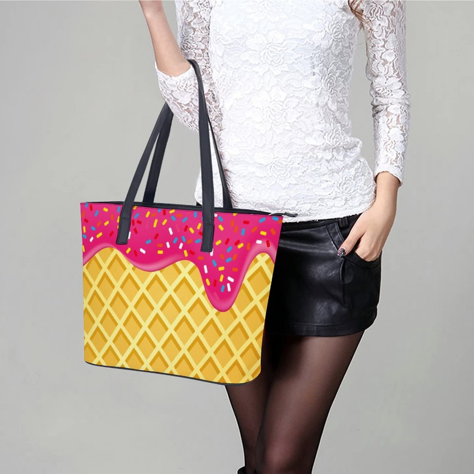 Womens Handbag Strawberry Ice Cream Print Leather Tote Bag Top Handle Satchel Bags For Lady