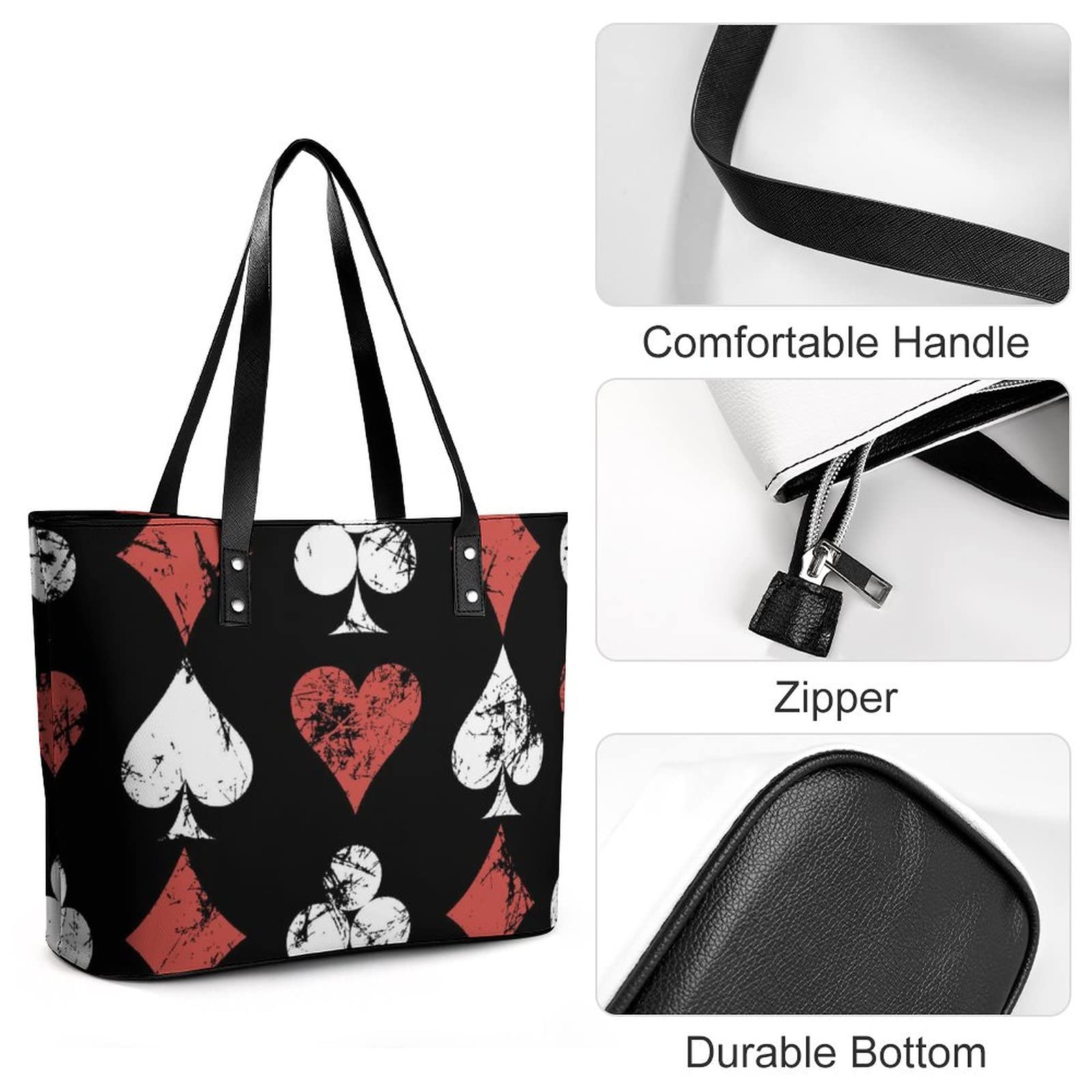 Womens Handbag Poker Cards Heart Pattern Leather Tote Bag Top Handle Satchel Bags For Lady