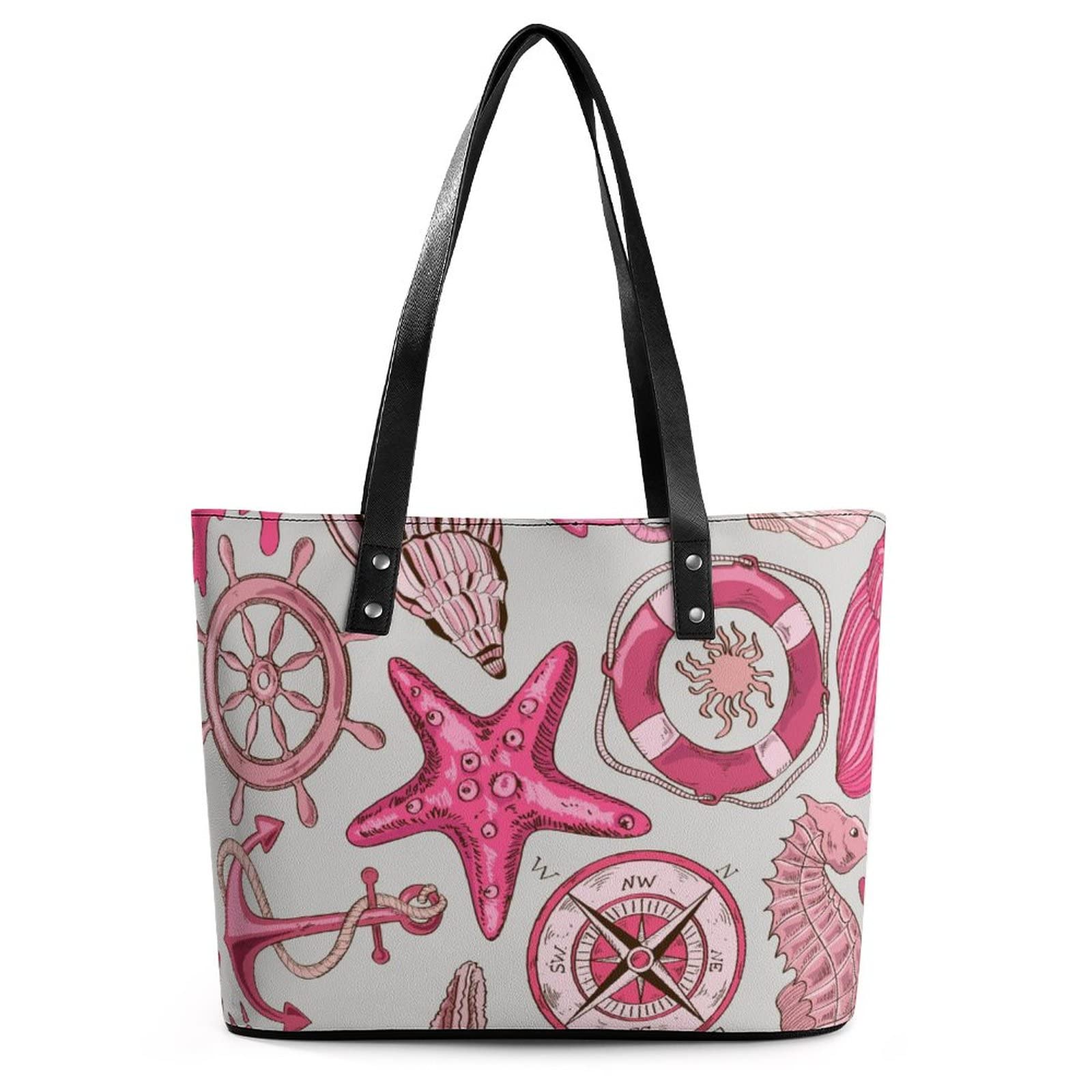 Womens Handbag Sea Wheel Anchor Starfish Pattern Leather Tote Bag Top Handle Satchel Bags For Lady