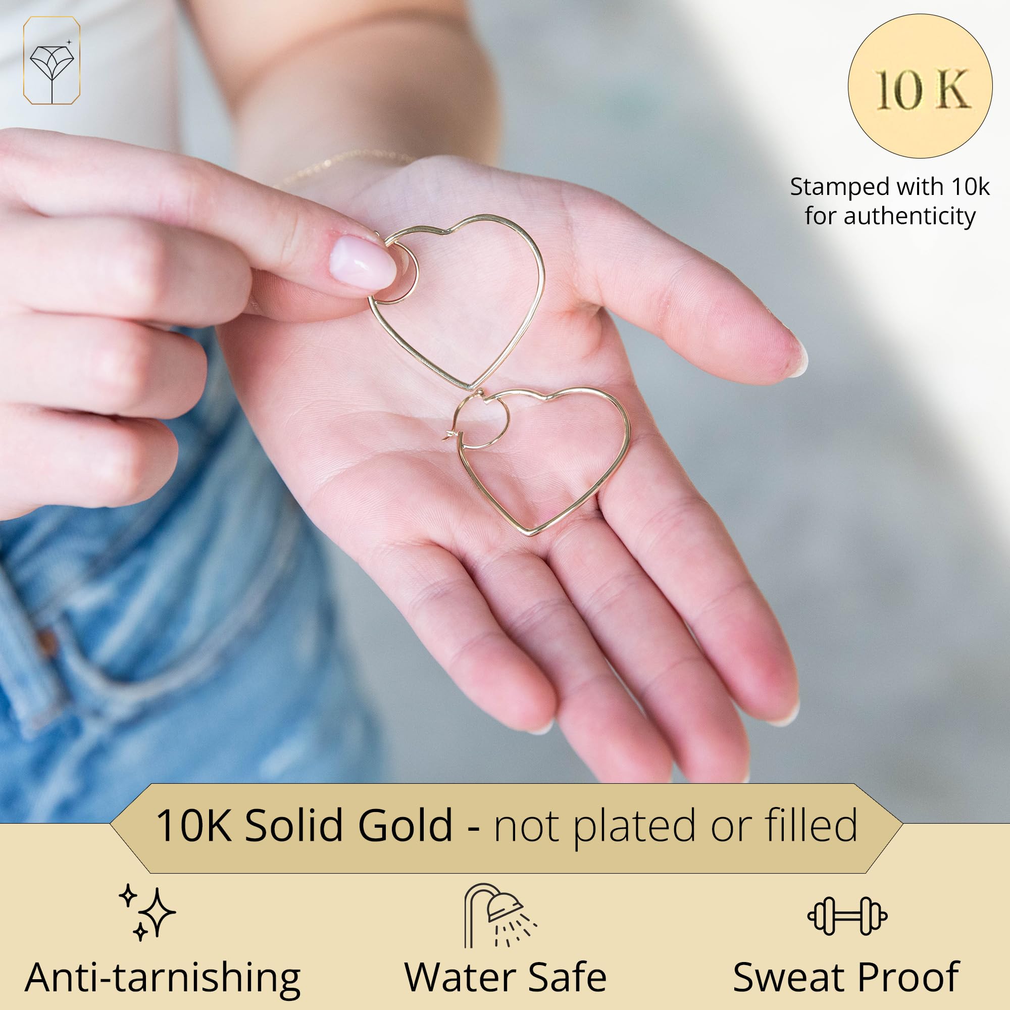 MAX + STONE Solid 10k 39mm Lightweight Large Gold Heart Hoop Earrings with Click Tops for Women