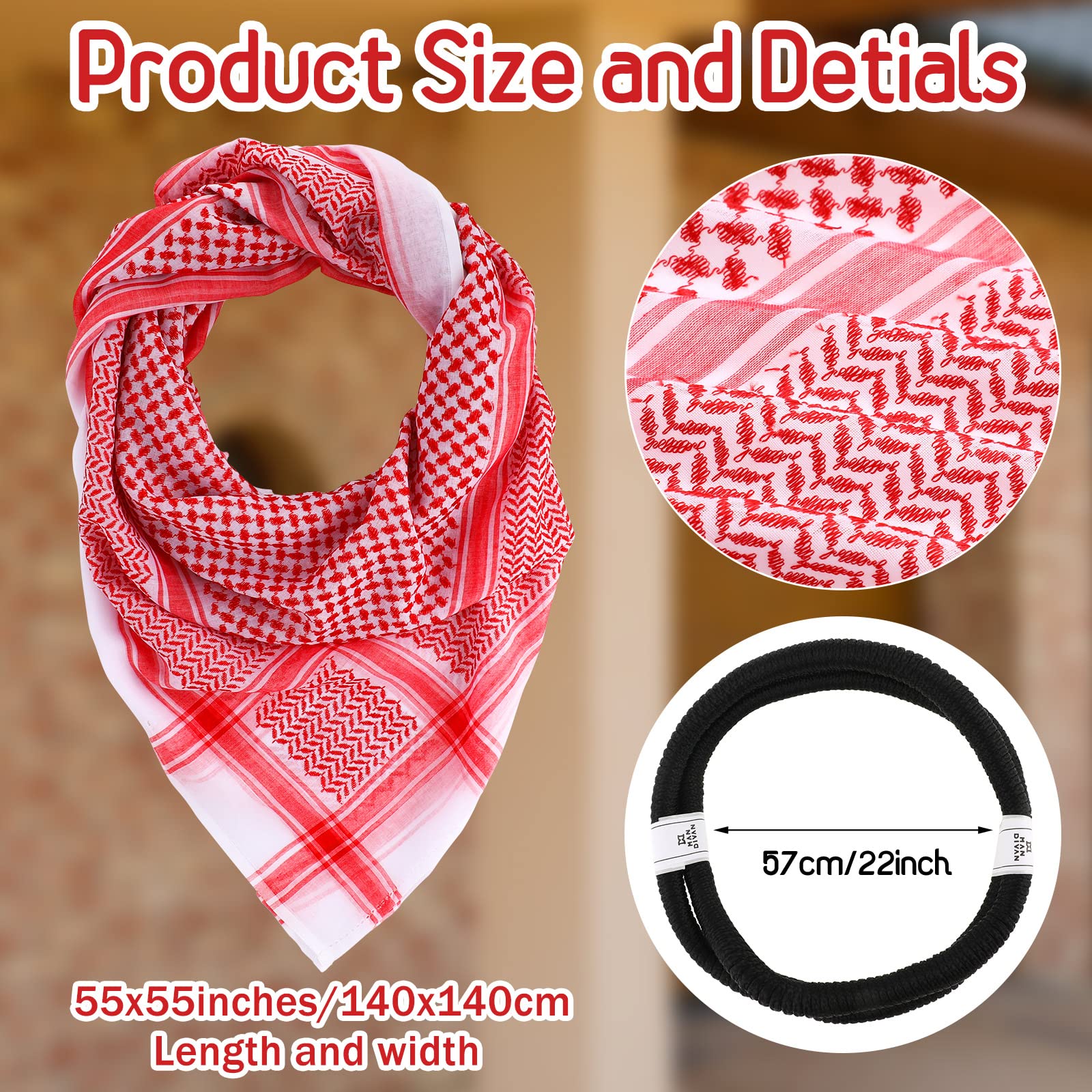 Hoolerry Arab Shemagh Muslim Keffiyeh Head Wrap Scarf Arabic Tactical Desert Headwear with Aqel Rope Halloween Costume Accessories(Red)