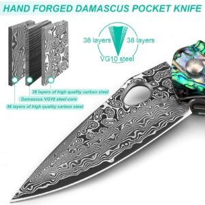 Benkey VG10 Damascus Abalone Seashells Pocket Knife and VG10 Damascus Natural Wood Pocket Knife Bundles