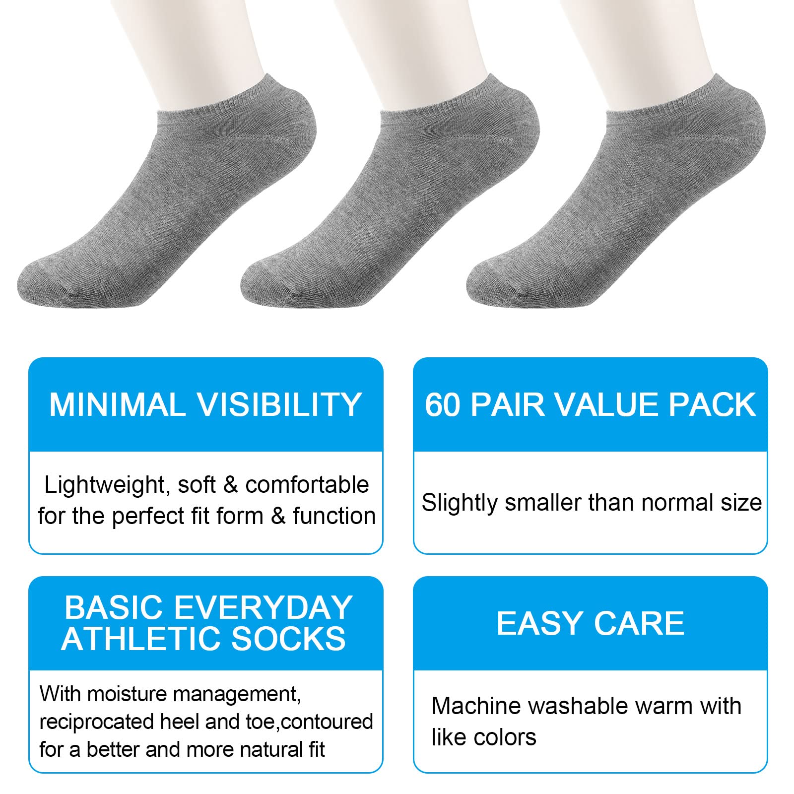 Syhood 60 Pairs Thin Low Cut Ankle Socks Bulk Socks for Men Women No Show Socks Unisex Cotton Socks for Homeless Casual Sports Tab(Gray)