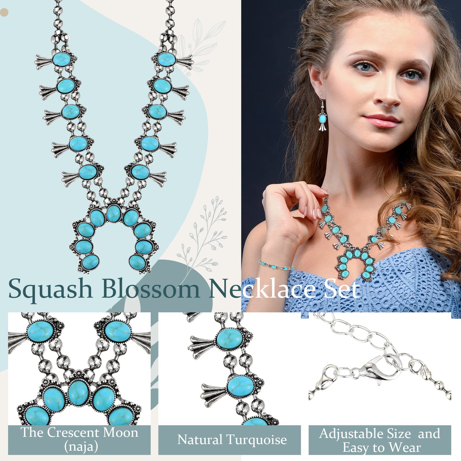 Henoyso 4 Pcs Turquoise Squash Blossom Jewelry Set for Women Cowgirl Vintage Western Necklace Earrings Wrist Chain Ring(Modern Style,Blue Turquoise)