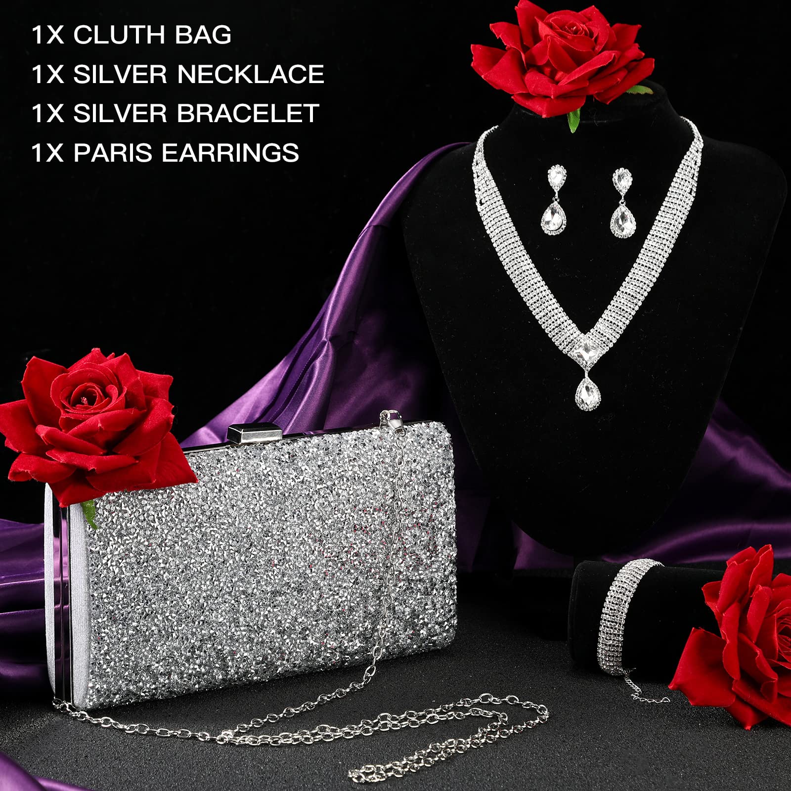 4 Pieces Clutch Purses Bag for Women Evening Rhinestone Jewelry Set Bling Necklace Earrings Bracelets Set for Wedding (Fresh Style)