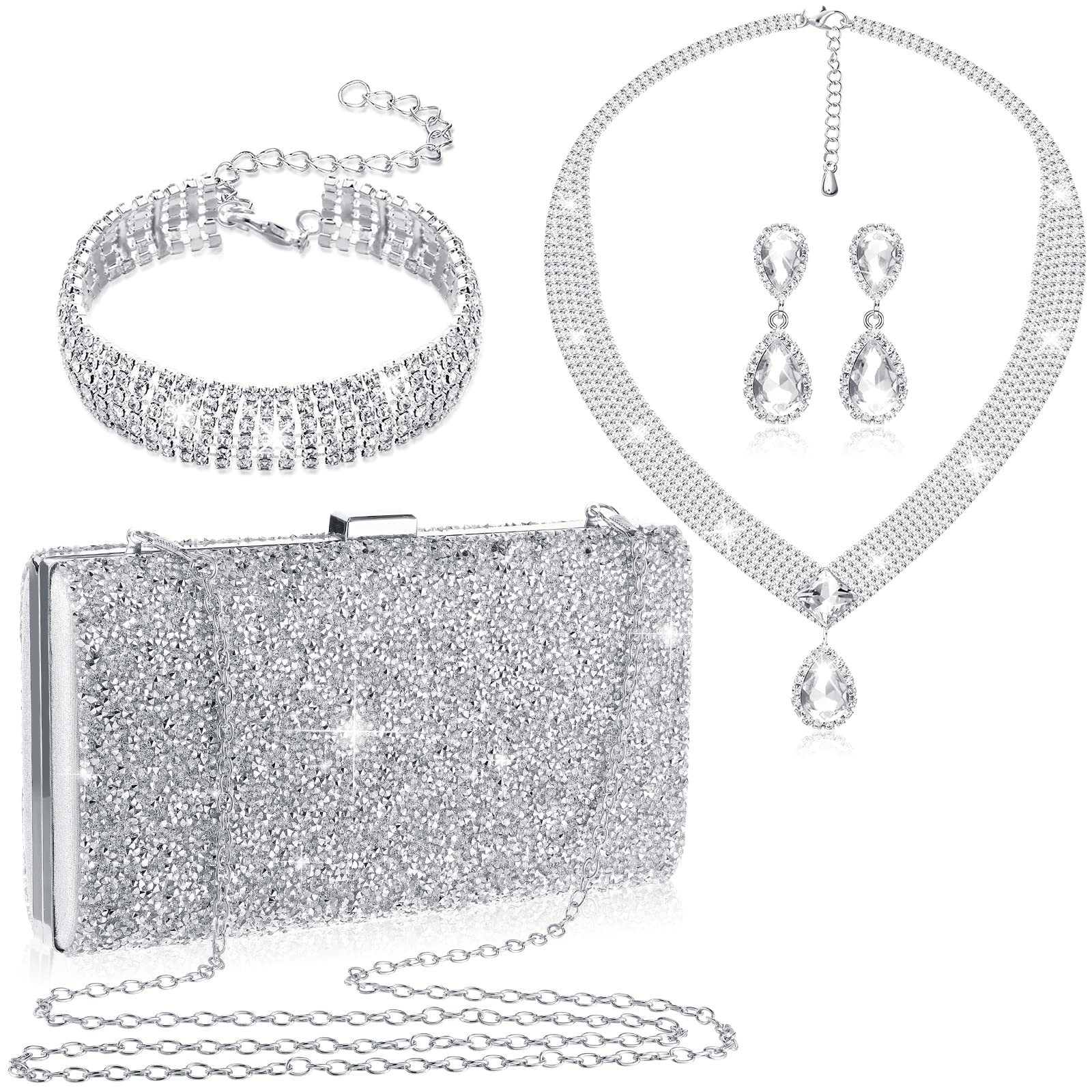 4 Pieces Clutch Purses Bag for Women Evening Rhinestone Jewelry Set Bling Necklace Earrings Bracelets Set for Wedding (Fresh Style)