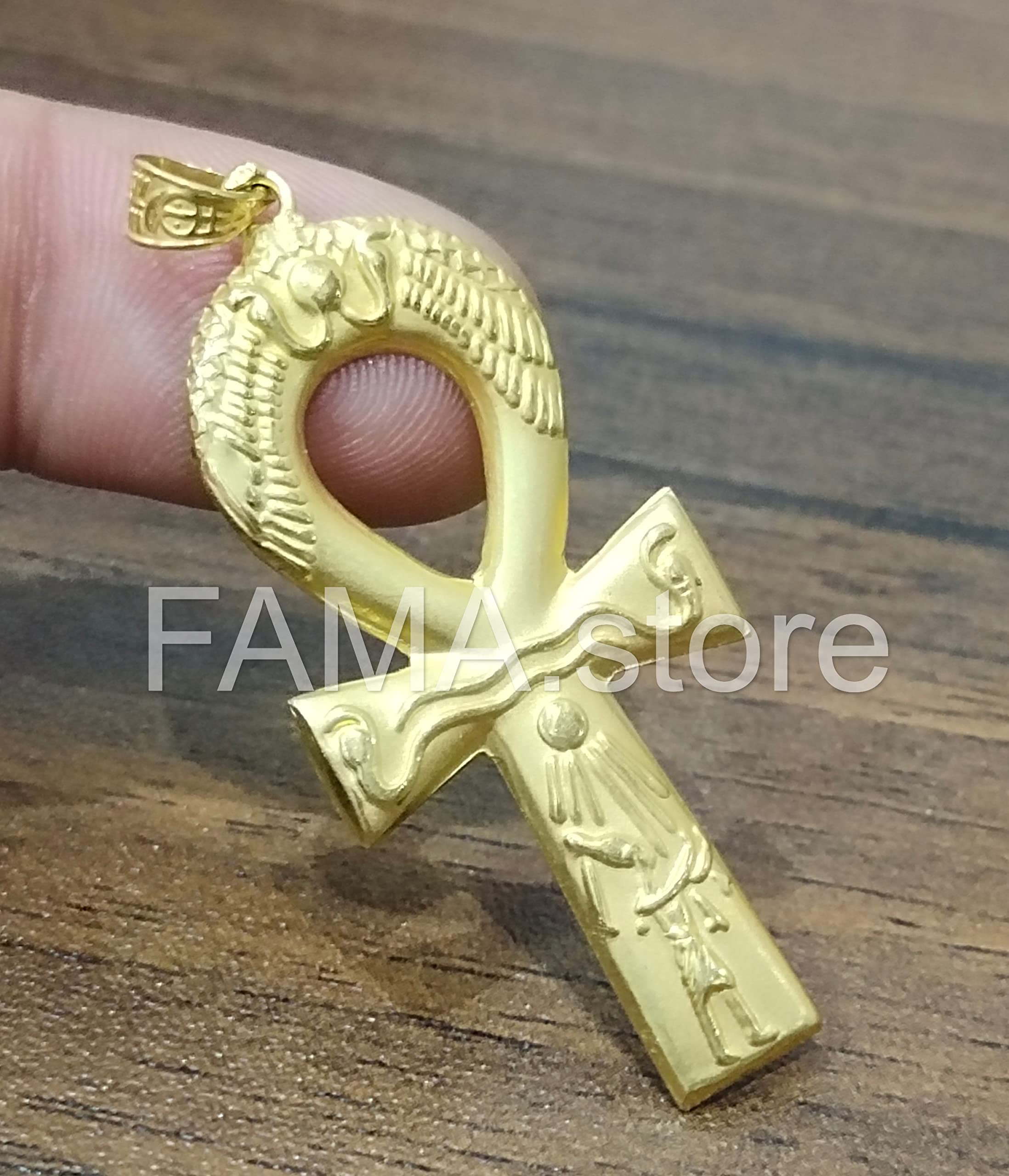 FAMA.store Egyptian Jewelry Ankh Cross Key of Life 18K Solid Yellow Gold necklas Pendant #6 (Large)