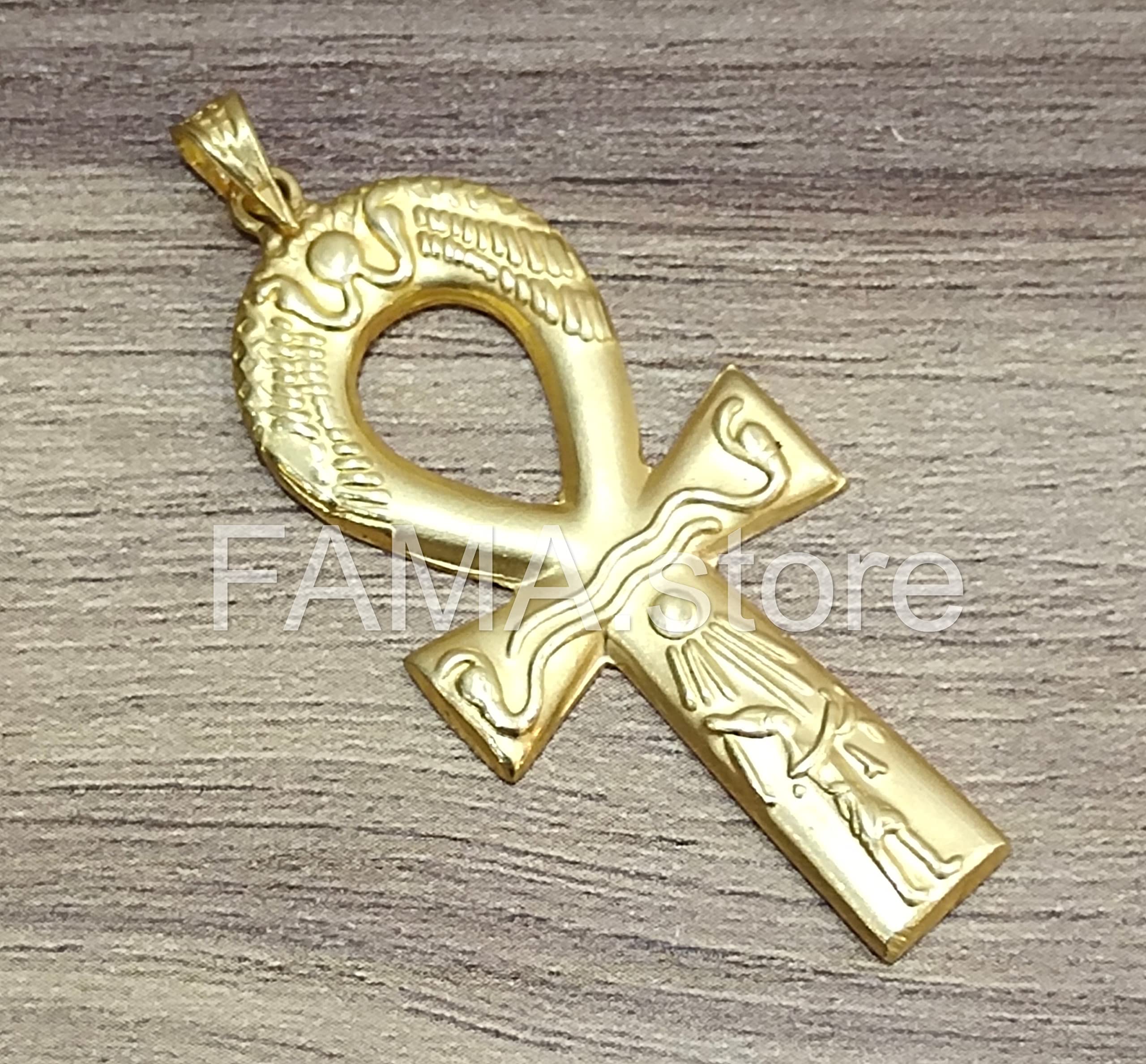 FAMA.store Egyptian Jewelry Ankh Cross Key of Life 18K Solid Yellow Gold necklas Pendant #6 (Large)