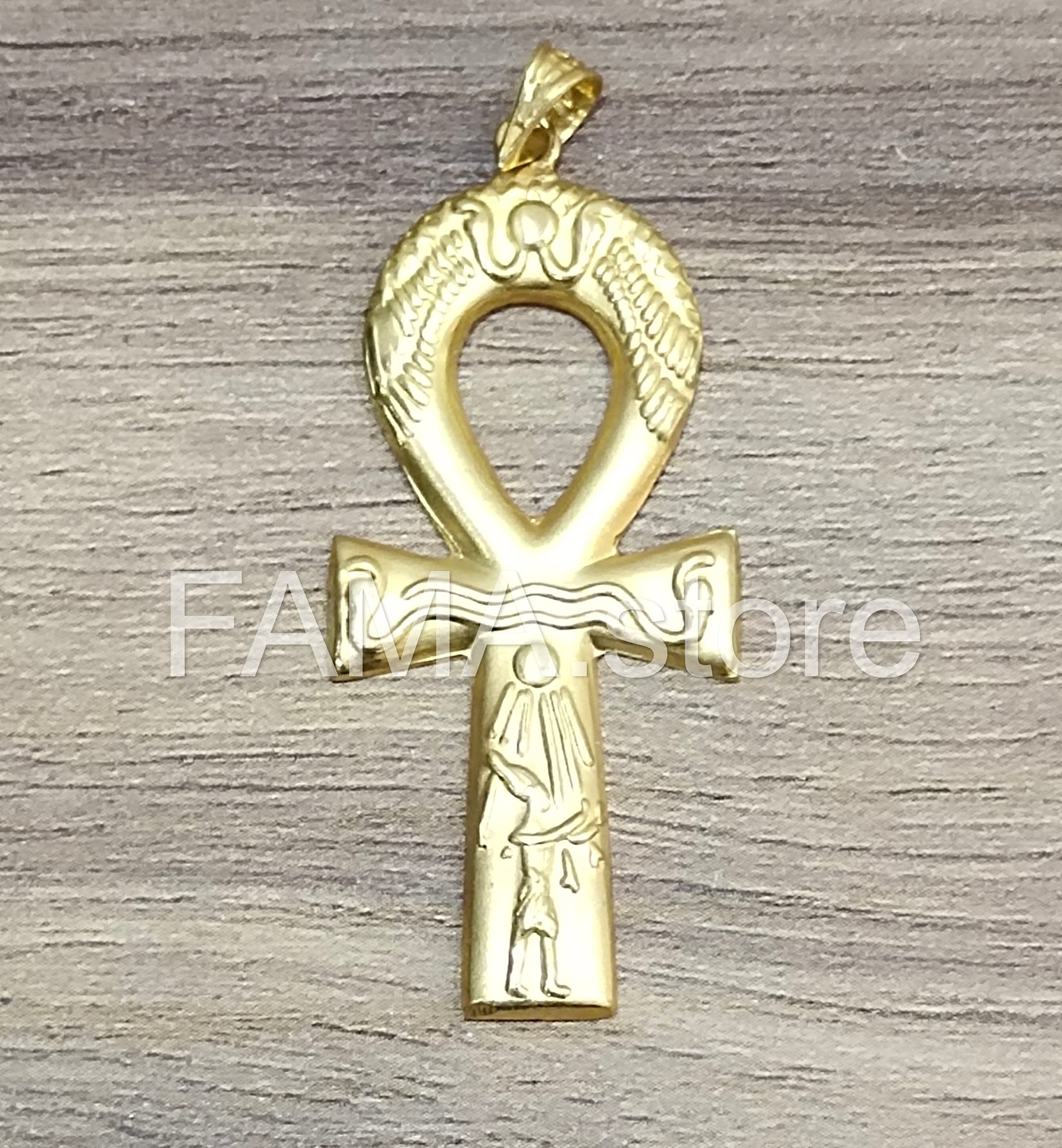 FAMA.store Egyptian Jewelry Ankh Cross Key of Life 18K Solid Yellow Gold necklas Pendant #6 (Large)