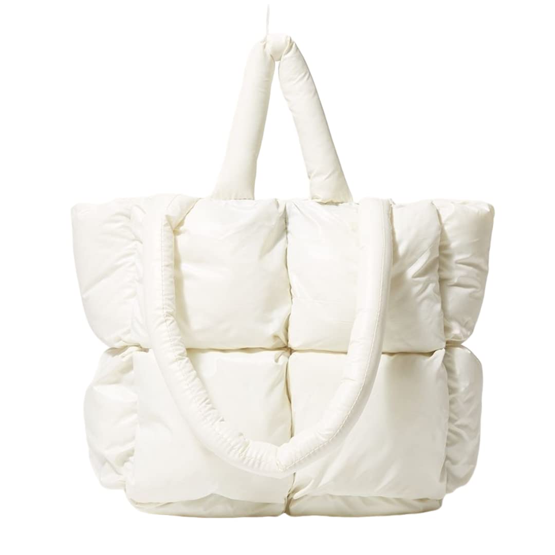 MAAEZ Puffer Tote Bag, Luxury Chic Quilted Large Padded Handbags with Zipper for Women Soft Shoulder Bag winter (white)