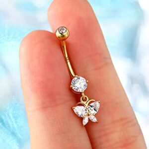 Melighting Gold Belly Rings 14K Solid Gold Butterfly Belly Button Rings for Women Gold Dangle Belly Piercing Clear CZ Gold Navel Rings for Woman Body Piercing Jewelry