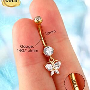 Melighting Gold Belly Rings 14K Solid Gold Butterfly Belly Button Rings for Women Gold Dangle Belly Piercing Clear CZ Gold Navel Rings for Woman Body Piercing Jewelry