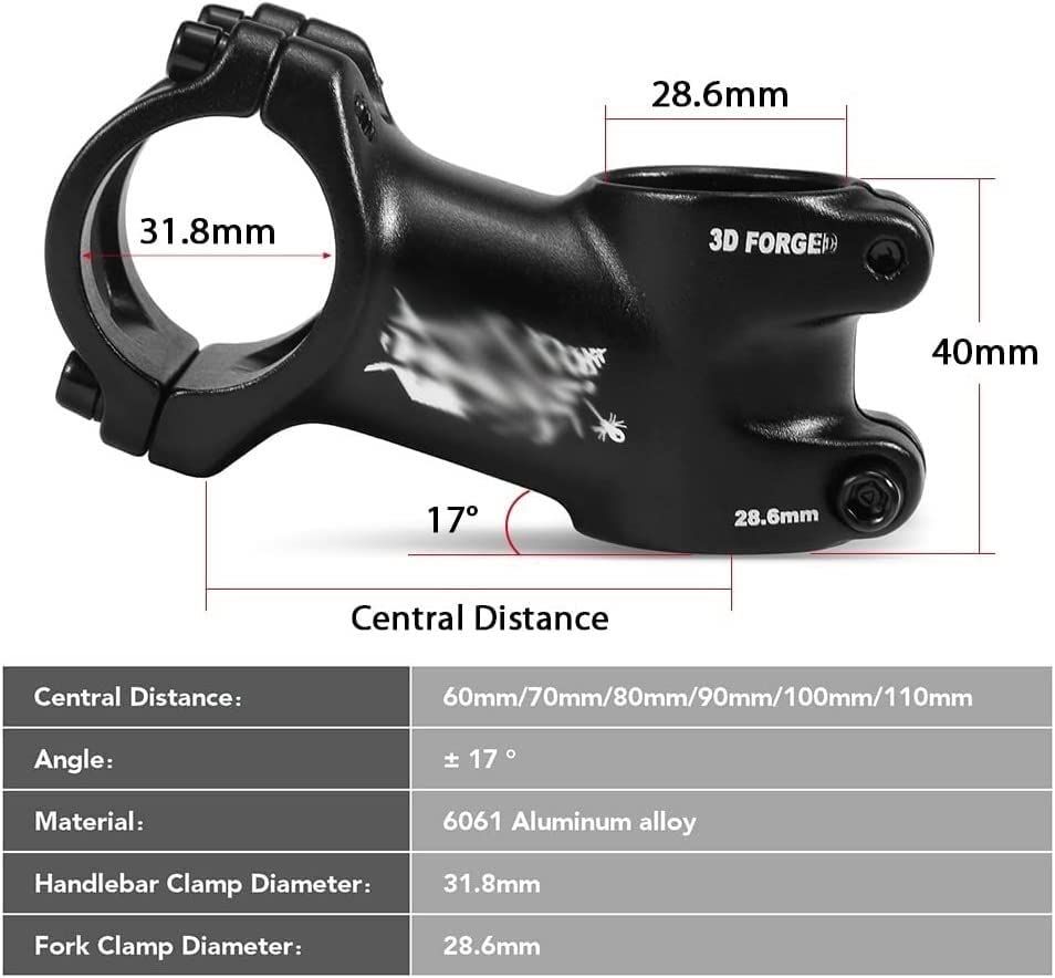 ZECHAO 17 Degree Bike Stem,Ultralight Bike Stem 60/70/80/90/100/110mm Mountain Road Bike Stem for 31.8mm Handlebar Stem Bike Stem (Color : Black, Size : 80mm)