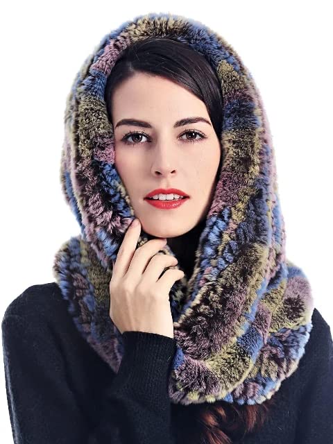 Knitted Rex Rabbit Infinity Scarf w Hood Fur Scarves Wrap Shawl Fur Cashmere Pashmina Silk Wool Cape Cashmere Cape (Ebony Black)